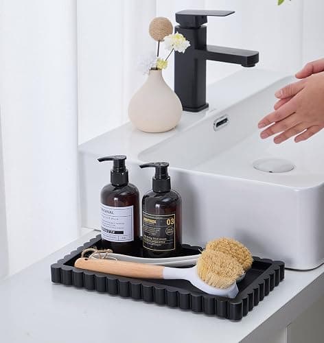 Scalloped Bathroom Vanity Tray for Countertop- Concrete Modern Industrial Minimalist Counter Vanity Organizer Tray for Dresser- Small Decorative Tray-11.8"L x 6.37"W x 1"H- Charcoal Black- Water-proof thumbnail 6