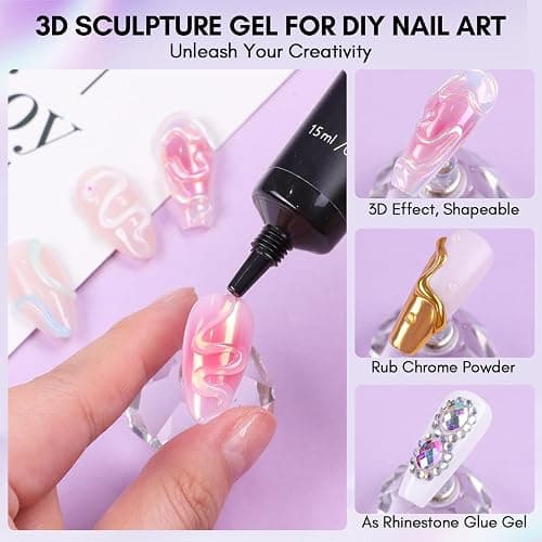 Makartt 3D Nail Gel and Chrome Nail Powder Kit, Sculpting Gel for Nail Art, 15g DIY Craving Gel, No wipe 3D Molding Gel and Metallic Chrome Powder Set for Nails Decoration Manicure Pedicure Use - clear & chrome thumbnail 2