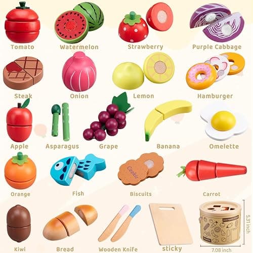 45 Pcs Wooden Pretend Play Food Set for Kids Kitchen - Realistic Cutting Fruits & Veggies with Easy-Cleanup Storage Bucket, Montessori Learning Toy Gift for Toddlers Ages 3-6 thumbnail 2