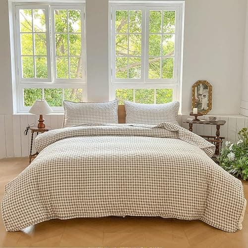 Tan Gingham Queen Quilt Set, Soft Pre-washed Microfiber Taupe Plaid Queen Bedspread, Lightweight Checked Summer Quilt, Grid Bedding Coverlets for All Seasons (Includes 1 Quilt, 2 Pillow Shams) thumbnail 7