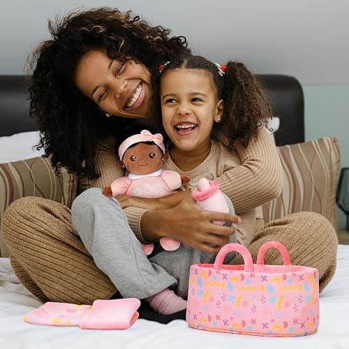 OUOZZZ Baby Doll Accessories with Black Doll, Bassinet, Blanket and Bottle | Interactive Pretend Playset for Social Emotional Learning, Educational Toy for 2 Year Old Girls thumbnail 2