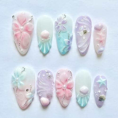 24Pcs 3D Flower Press on Nails Medium Almond Fake Nails Pearl Rhinestones Flower False Nails with 3D Seashell Designs Acrylic Nails Starfish Shell Glue on Nail Acrylic Nails for Women Manicure DIY - Image 1