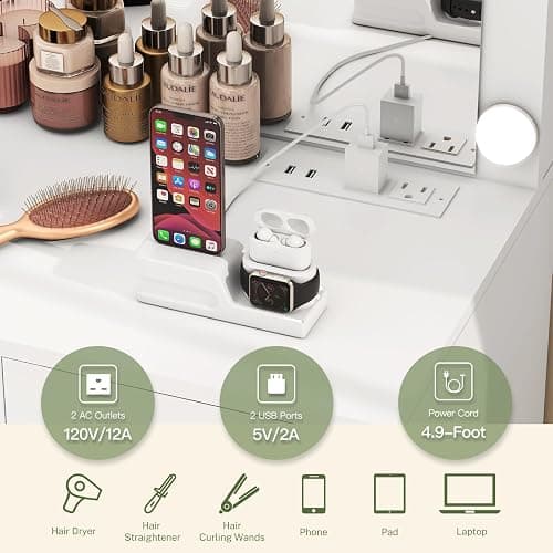 FIONESO Makeup Vanity with Large Mirror, Vanity Desk with Power Outlets & 12 Lights, Makeup Vanity Desk with 5 Drawers & Stool, Dressing Table for Bedroom, Woman, White thumbnail 6