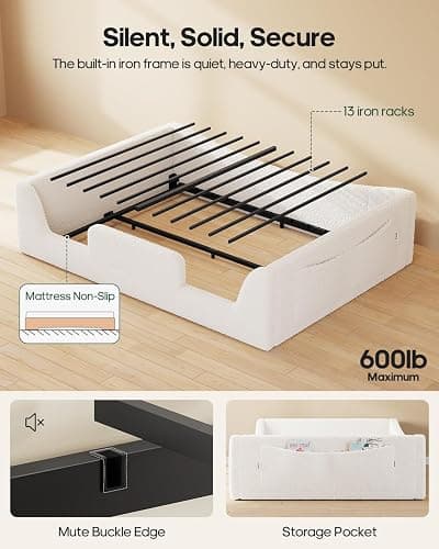 HAUOMS Full Floor Bed, Low Montessori 2-in-1 Convertible Beds, with Slats and High Rails, Upholstered Teddy Boucle, Curve Round Frame for Girls and Boys, No Box Spring Needed, Easy Assemble, Beige thumbnail 5