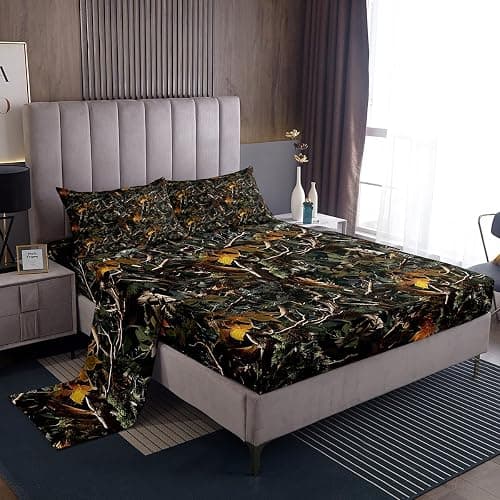 Natural Bed Sheets 4 Pcs Full Size for Room Decor Forest Woods Deep Pocket,1 Fitted Sheet 1 Flat Sheet 2 Pillowcases,Nature Camo Tree Leaves Bedding Set,Green thumbnail 3