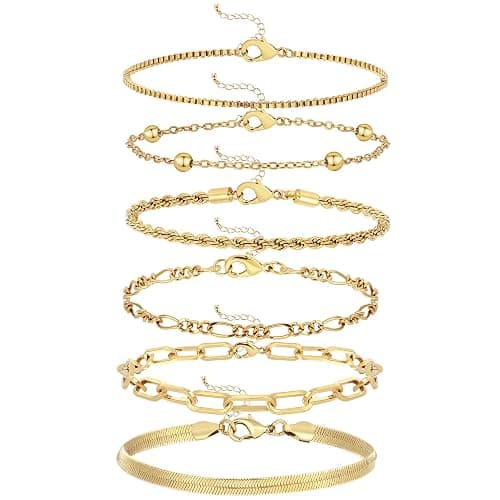 Wgoud Waterproof Gold Bracelets for Women Trendy, Dainty 14K Real Gold Plated Fashion Stackable Bracelet Sets for Women Thin Cuban Link Paperclip Chain Bracelets Layered Gold Jewelry Sets Gifts for Womens thumbnail 2