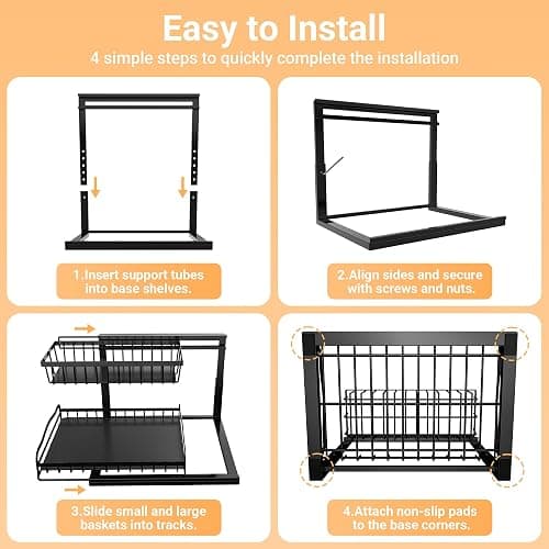 AceMining Under Sink Organizer, 2 Pack Pull-Out Under Cabinet Organizer, 2 Tier Under Sink Storage with Sliding Basket, L-Shaped and Adjustable Height Design for Kitchen and Bathroom thumbnail 4