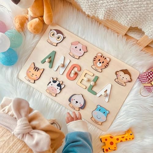 AZUFEMOS Personalized Name Puzzle for Kids, Personalized Baby Gifts Custom Name Puzzles for Toddlers 1-3 Animal Puzzle, Customized 1st Birthday for Girls & Boys Wooden Puzzle Montessor Toys for Kids - Animal Name Puzzle thumbnail 2