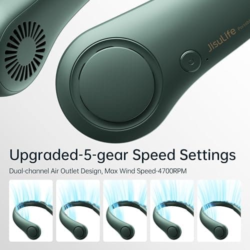 JISULIFE Portable Neck Fan, Hands Free Bladeless Fan, 5 Speeds, 4000 mAh Battery Operated Wearable Personal Fan, Twistable, Rechargeable, Gift for Women Men-Dark Green thumbnail 4