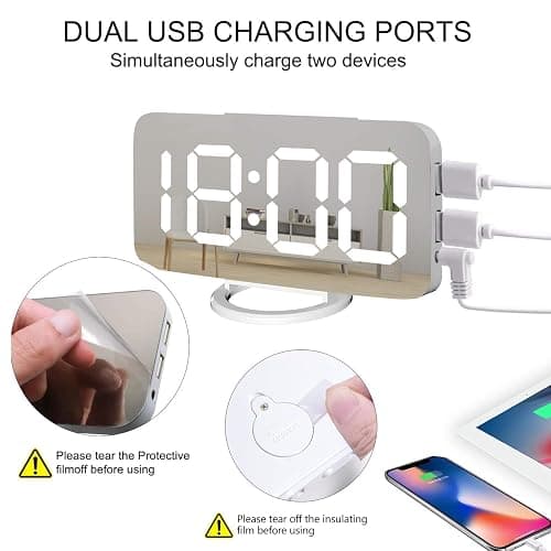 Miowachi Digital Alarm Clock,Large Mirrored LED Clock,Snooze,Dim Night Light 2 USB Charger Ports Desk Alarm Clocks for Bedroom Decor (White) thumbnail 6