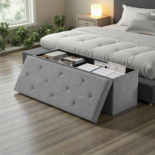 DUMOS 43 Inch Folding Storage Ottoman Bench, Large Ottoman with Storage | Storage Chest with Thicker Foam Padded Seat, End of Bed Foot Rest Stool for Bedroom Living Room Entryway, Load 660 lbs, Grey thumbnail 7