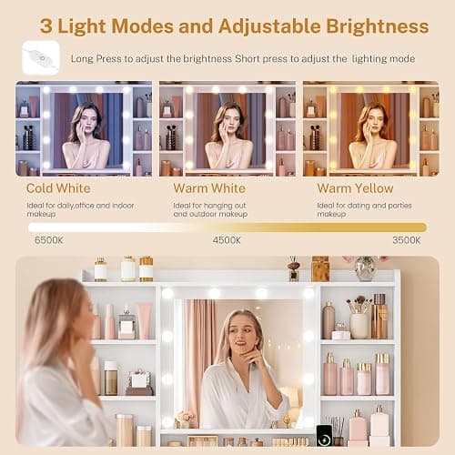 FINOESO Large Vanity Desk with Mirror and Lights, 3-Color LED, Makeup Vanity with Clear Glass Top & RGB Light, Vanity Table with 9 Drawers, 6 Open Shelves and Power Outlet, White Vanity for Bedroom thumbnail 7
