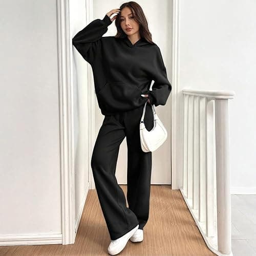 Sweatsuits Women 2 Piece Outfit Fleece Cute Oversized Hoodies Y2k High Waisted Baggy Wide Leg Sweatpants with Pockets thumbnail 2