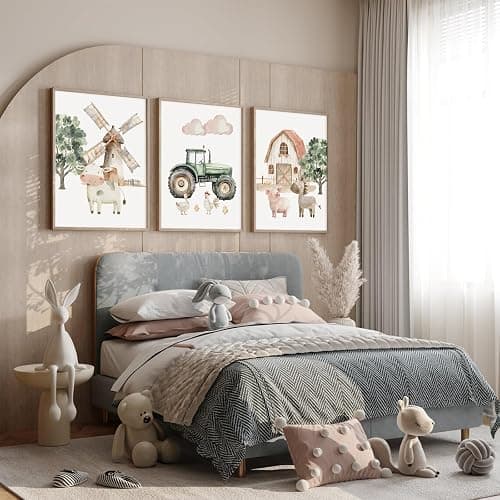 Nursery Farm Animal Wall Art Decor Baby Animal Canvas Prints Nursery Kids Farmhouse Poster Farm Cow Pig Pictures Wall Decor Green Tractor Painting Artwork for Children Bedroom 12x16 Inch Unframed 3Pcs thumbnail 7