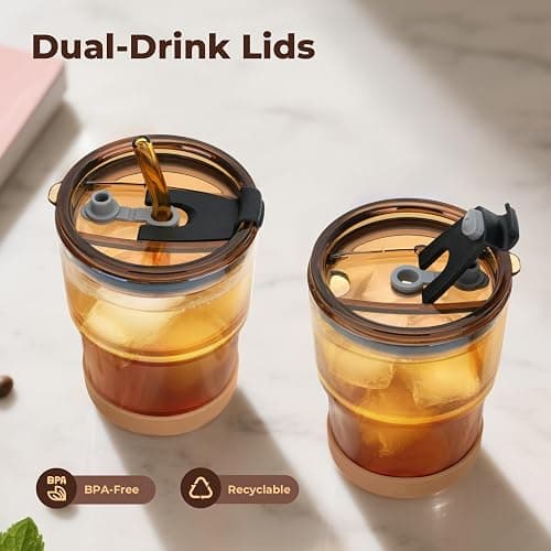 13 oz Glass Iced Coffee Cups with Lid and Straw, Leak Proof Glass Tumbler for Ice Tea, Water, Non-Slip Silicone Bottom, Thick Wall Drinking Glasses for Home/Office, BPA Free, Amber 2 Pack thumbnail 8