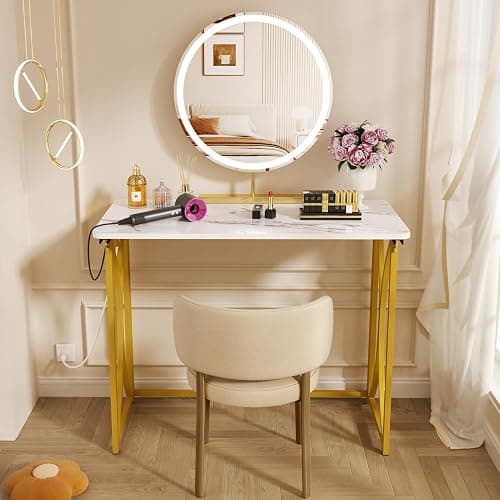 coeztt Folding Desk, 31.5" Small Desk for Bedroom with Power Outlet, Space Saving Foldable Computer Desk for Home Office, Easy Assembly, White and Gold thumbnail 9