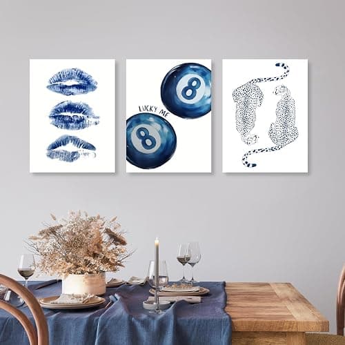GELDSTEI Preppy Blue Cheetah Wall Art, Navy Retro 8 Ball Aesthetic Pictures, Trendy Kiss Lips Wrapped Canvas Artwork, Modern Leopard Poster Prints for Bedroom Living Room Apartment Framed 12"x16"x3 thumbnail 3