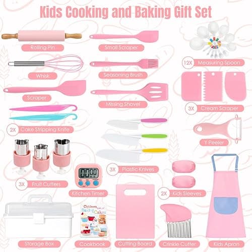 37PCS Kids Cooking Sets Real, Kids Cooking and Baking Gift Set with Storage Case Timer Kid Safe Knives Cutting Board, Toddler Real Kitchen Tools, Birthday Gifts for Girls Boys Age 3 - 8 thumbnail 3