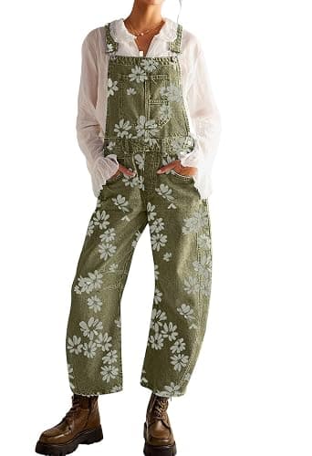 loveimgs Women Floral Print Denim Overalls Baggy Barrel Jeans Patchwork Denim Pants Y2k Straps Wide Leg Jumpsuit One Piece thumbnail 3