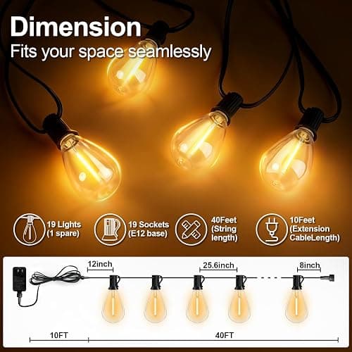 50(40+10)FT Outdoor String Lights, 15m Waterproof Remote LED Patio Lights with 19+1 S11 Bulbs 10FT Extension Cable, Dimmable Outside Hanging Lights for House, Porch,Yard,Garden,Bistro, Gazebo lighting thumbnail 2