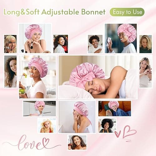 BONNET QUEEN Silk Bonnet for Sleeping Women Satin Bonnet Night Sleep Cap Wrap for Curly Hair with Adjustable Tie Band,Pink thumbnail 4