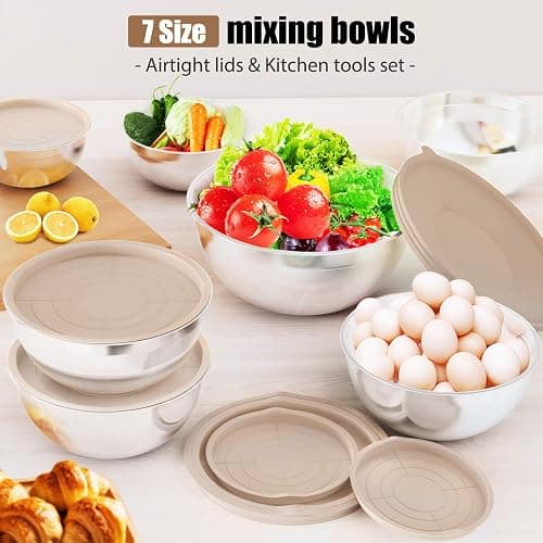 ENVTEK 7-Piece Stainless Steel Mixing Bowls Set with Lids & 3 Grater Attachments – Size 4.5, 4, 3.5, 2.1, 1.5, 1.1, 0.7QT, Kitchen Gadgets Set for Cooking, Baking, and Serving, Khaki thumbnail 2