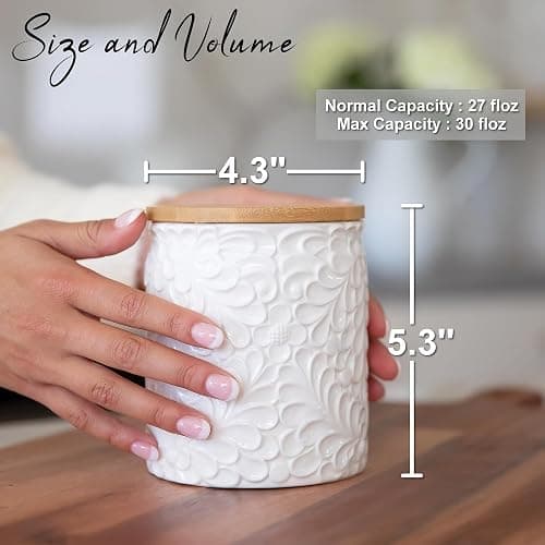 Small Engraved Ceramic Kitchen Canister - Storage Jars with Airtight Lids Made from Bamboo with Nature-Inspired Engraving - Use as a Pasta Holder, Coffee Ground Holder, Rice Container - 30 Ounces thumbnail 3