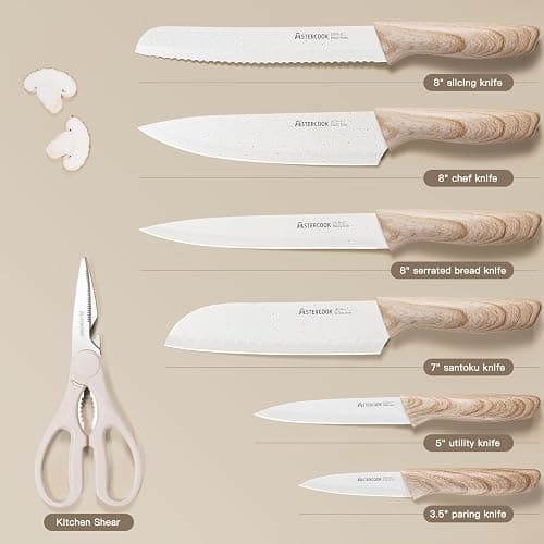 Astercook Knife Set, 13 Pieces Kitchen Knives Set with Ceramic Coating, Stainless Steel Chef Knife Sets with 6 Blade Guards, Dishwasher Safe Knives with Wooden Handle, White thumbnail 6