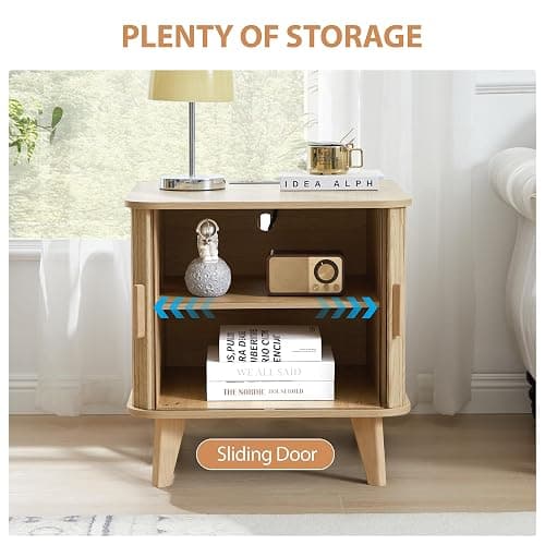 RUSTYER Farmhouse Square End Table with Charging Station, 24" Large Fluted Sofa Side Table with Sliding Tambour Door and Storage, Rustic Curved Wood Nightstand for Living Room, Bedroom, Natural thumbnail 5