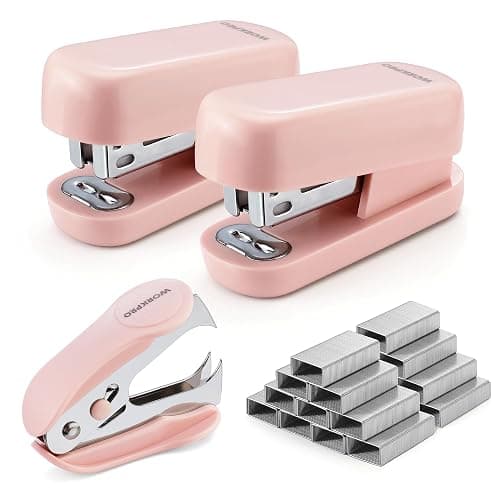 WORKPRO Mini Stapler with Staples, Two Pink Staplers, One Staple Remover | Small Stapler Set, 2000 Standard Staples - Cute Staplers for Desk with Non-Slip Base, Lock Design - Pink Ribbon - Image 1