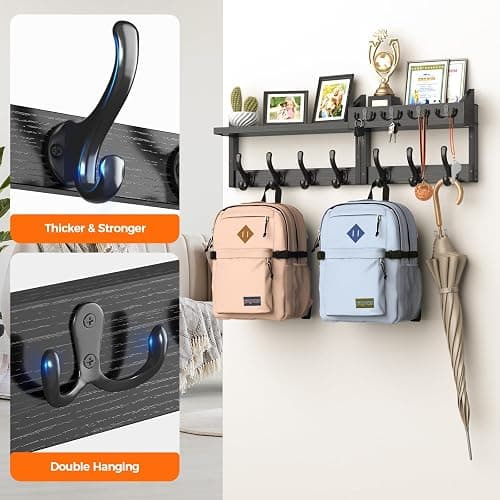 Evermagin 29" Coat Rack Wall Mount with Shelf, 4 in 1 Coat and Key Hanger with 11 Metal Hooks, Entryway Wall Mounted Shelf with Mail Holder for Living Room, Bedroom, Black thumbnail 6