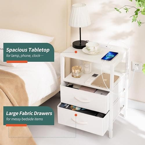 Yoobure Nightstand with Charging Station, Small Night Stand with Fabric Drawers and Storage Shelf for Bedrooms, Nightstands for Small Spaces, Bedside Table with USB Ports & Outlets, Bed Side Table thumbnail 5