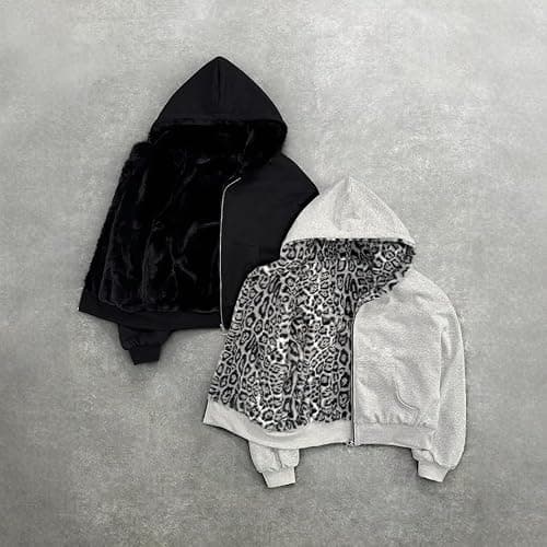 CUTEGAL Zip Up Hoodie Oversized Leopard Print Jacket Reversible Streetwear Fall Grunge Hoodies Streetwear thumbnail 7