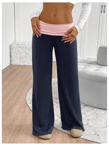 SOLY HUX Women's Sweatpants Color Block Low Rise Fold Over Waist Baggy Wide Leg Pants thumbnail 3