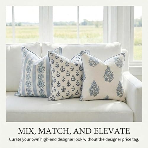 Jillien Harbor “The Juliet” Floral Block Print Pillow Cover – Soft Blue and Off-White Decorative Throw Pillow Cover – Grandmillennial Home Decor, 20" x 20" thumbnail 4