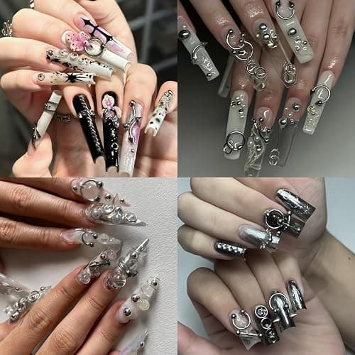 100Pcs Goth Nail Charms 3D Punk Nail Rhinestones Gold Silver Black Metal Nail Gems Y2K Nail Art Charms Alloy Piercing Grunge Accessories Gothic Nail Supplies for Women Manicure DIY Decoration thumbnail 7