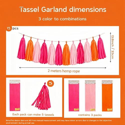 AimtoHome 15PCS Tissue Paper Tassel Garland,Hot Pink Pink Orange | Streamer Banner for Sunset Party, Birthday, Baby Shower, Graduation, Bachelorette, Classroom Hanging Decoration thumbnail 3
