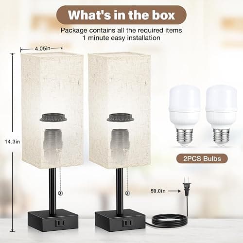 Bedside Table Lamps for Bedroom Set of 2 - Small Rectangular Nightstand Lamp with AC Outlet Charging Port, 3 Color Temperatures Desk Light with Bulb, Tabletop Reading Lamp for Living Room/Dorm/Office thumbnail 8