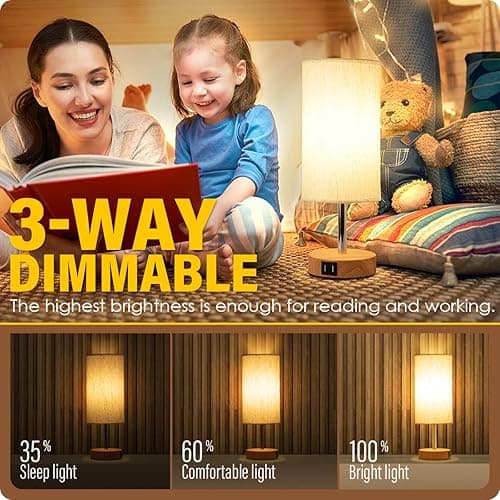 Yarra-Decor Bedside Table Lamp with USB Port - Touch Control for Bedroom Wood 3 Way Dimmable Nightstand Lamp with Round Flaxen Fabric Shade for Living Room, Dorm, Home Office (LED Bulb Included) - Fabric thumbnail 2