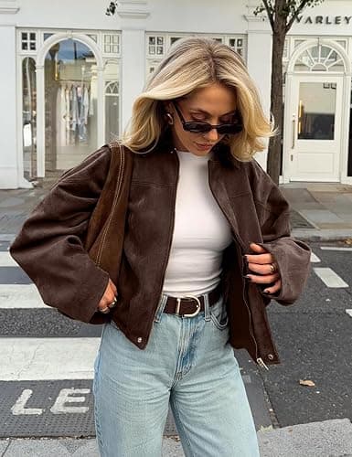 Kissonic Womens Faux Suede Bomber Jacket Oversized Long Sleeve Cropped Coat | Lapel Collar, Batwing Sleeve, Shoulder Straps, Pleated Hems, Zip Up, Casual Trendy Outerwear Streetwear thumbnail 3