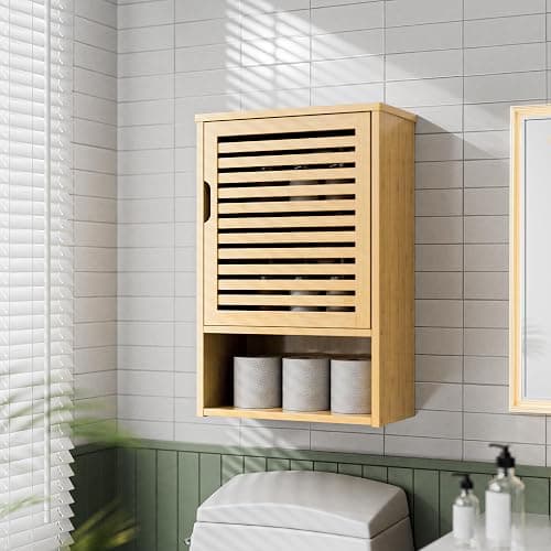 HITNET Bathroom Wall Cabinet, Medicine Cabinet Over The Toilet, Bamboo Hanging Storage Organizer with Single Door and Open Bottom Shelf, for Kitchen Living Room, Natural thumbnail 2