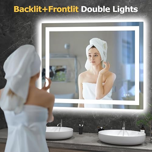 Hivone 40X32 LED Bathroom Mirror with Lights, Anti-Fog, Dimmable, Backlit + Front Lit, Smart Bathroom Vanity Mirror, Memory Function, Shatterproof, Tempered Glass (Horizontal/Vertical) thumbnail 2
