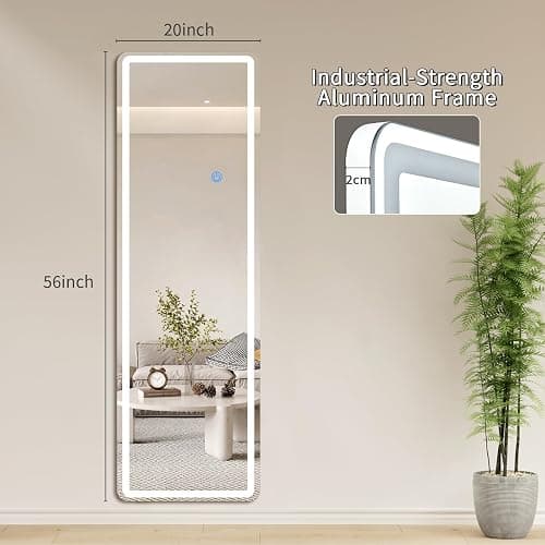 Koonmi LED Full Length Mirror, 56"x20" Full Length Mirror with Lights, Lighted Floor Mirrors with Stand, Full Body Mirrors with Dimming & 3 Color Lightingfor Living Room Cloakroom, White thumbnail 2
