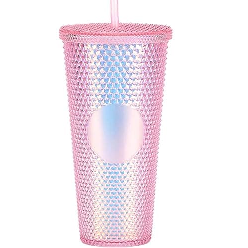 Studded Tumbler With Straw Tumblers With Lids And Straws Pink Tumbler With Straw Textured Cup BPA-Free Double-Wall Plastic Tumblers for Iced Coffee Cold Drinks or Water 24 Oz - Image 1