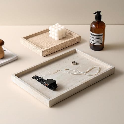 Natural Travertine Rectangular Decorative Tray 15"x10" – Stone Serving Tray | Non-slip bottom. Use on coffee bar, kitchen island, or vanity. Holds 2-3 cups. Each piece is unique. thumbnail 2