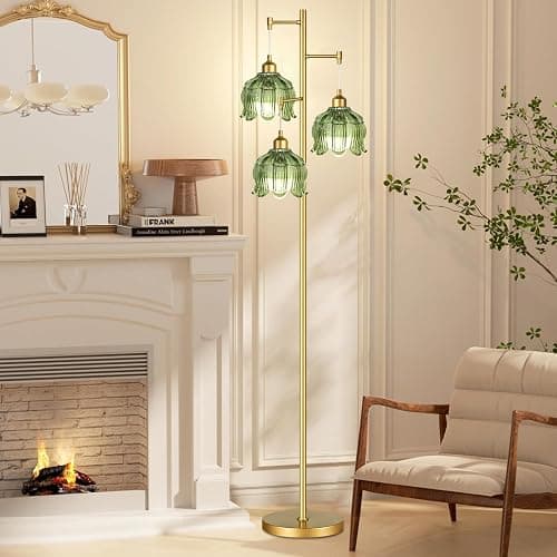 Vintage Floor Lamps for Living Room Bedroom-3 Light Glass Floor Lamp with Three Led Bulb, Flower Tall Floor Lamp Gold Mid Century Modern Standing Lamp Tree Floor Lamps for Living Room Bedroom Corner thumbnail 7