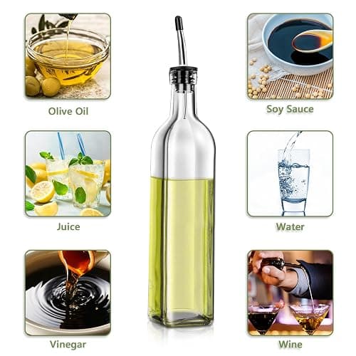 Leaflai Olive Oil Dispenser Bottle, 2 Pcs Glass Olive Oil Dispenser and Vinegar Dispenser Set with 2 Stainless Steel Pourers, 4 Labels,1 Brush and 1 Funnel Oil Bottles for Kitchen (500ml) thumbnail 4