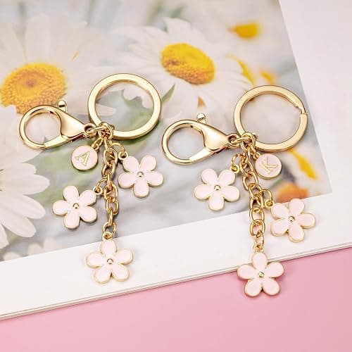 SELOVO Initial Keychain White/Pink/Black Cute Keychain Girl Purse Charms for Handbag Cute Letter Flower Keyring for Backpack thumbnail 5