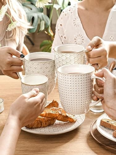 LE TAUCI Coffee Mugs 16 oz,Ceramic Mug Set, Embossment Cups for Latte, Hot Tea, Cappuccino, Mocha, Cocoa, Dishwasher Safe, Suit For Housewarming Wedding- 3.8 inch, Set of 4, Arctic White thumbnail 2