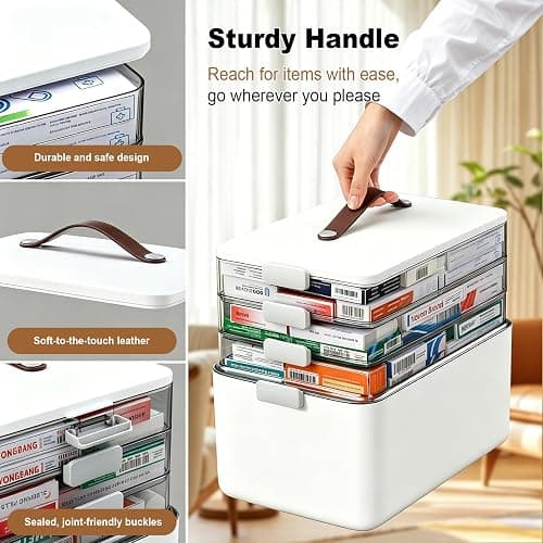 MOPUP 4-Tier Medicine Craft,Sewing,Art,Organizer Storage,Portable Latch Bin with Lid and Leather Handle,Pill Bottle, First Aid,Multipurpose Organizer with Removable Tray,A Household Essential thumbnail 5